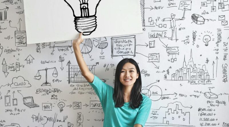 Une jeune femme tient un dessin d'ampoule contre un mur de brainstorming créatif.