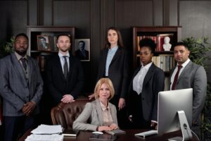 Groupe diversifié de professionnels en tenue d'entreprise posant avec confiance dans un environnement de bureau.